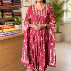 Women's Rose Pink Floral Printed Anarkali Kurta Set with Dupatta | V-Neck Ethnic Wear
