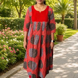 Women's Red Abstract Printed Anarkali Kurta Set | Round Neck Ethnic Wear