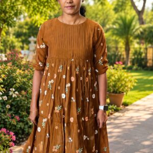Women's Coffee Brown Floral Printed Anarkali Kurta Dress | Round Neck Ethnic Wear