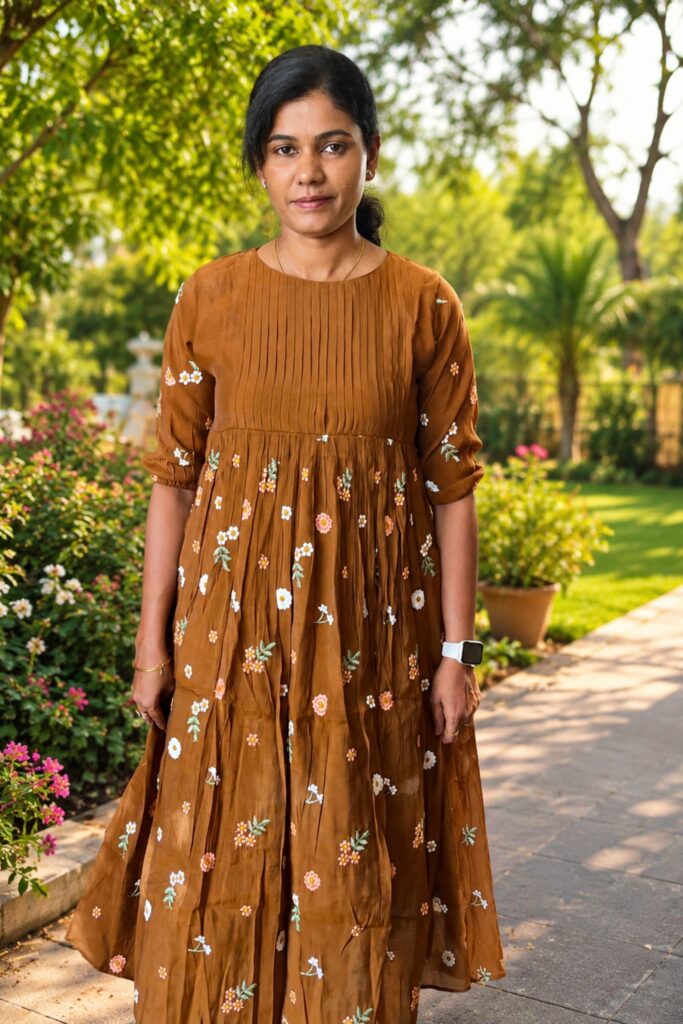 Women's Coffee Brown Floral Printed Anarkali Kurta Dress | Round Neck Ethnic Wear