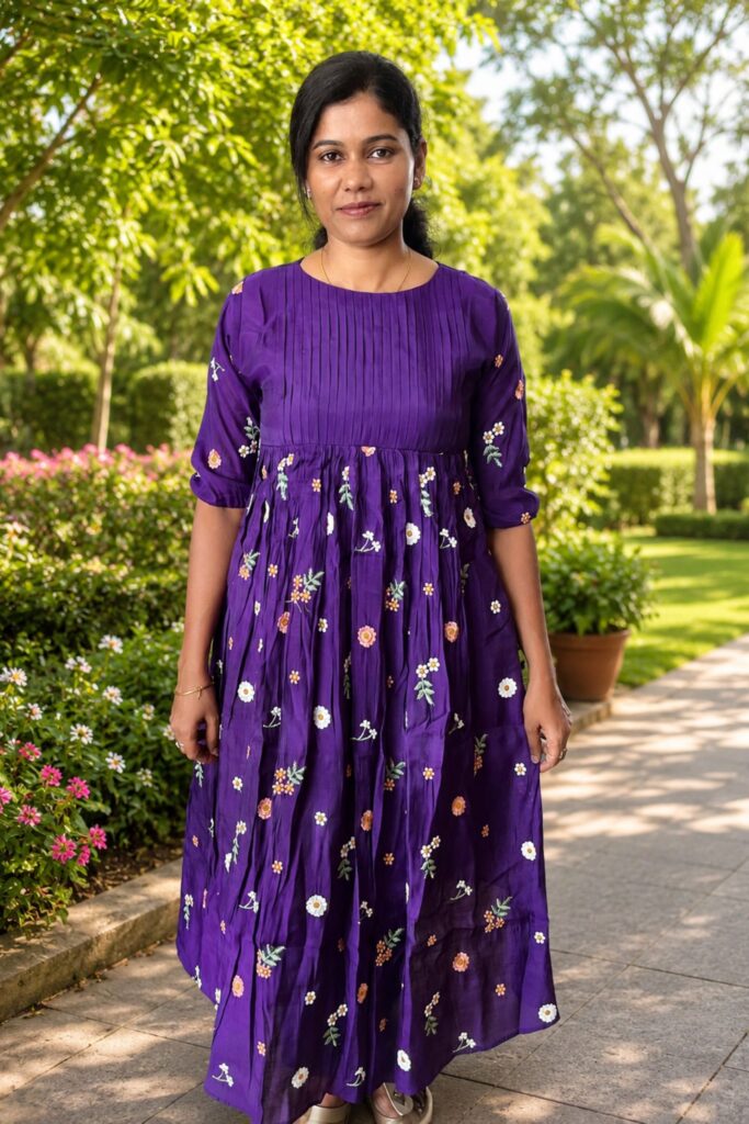 Women's Purple Floral Printed Anarkali Kurta Dress